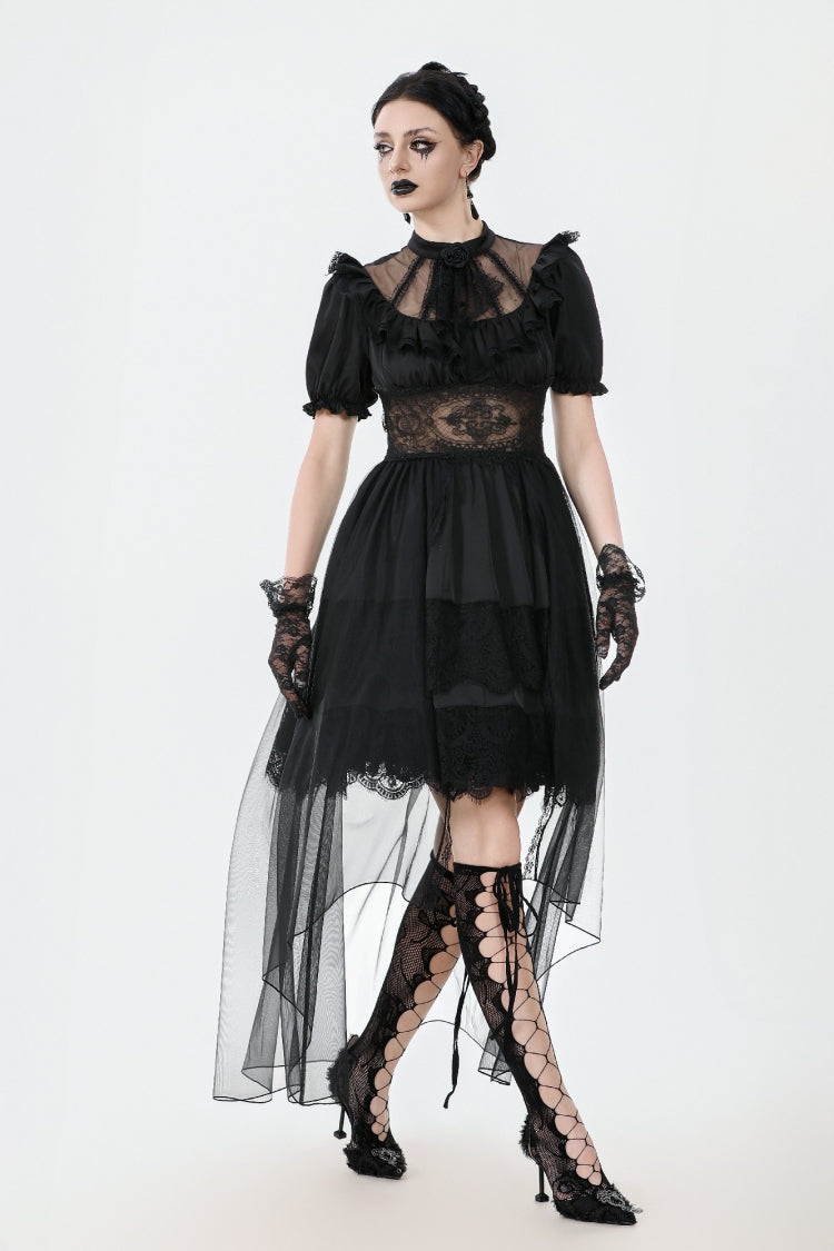 Black Short Puff Sleeves High/low Multi-Layered Women's Gothic Chiffon Dress Wedding Dress