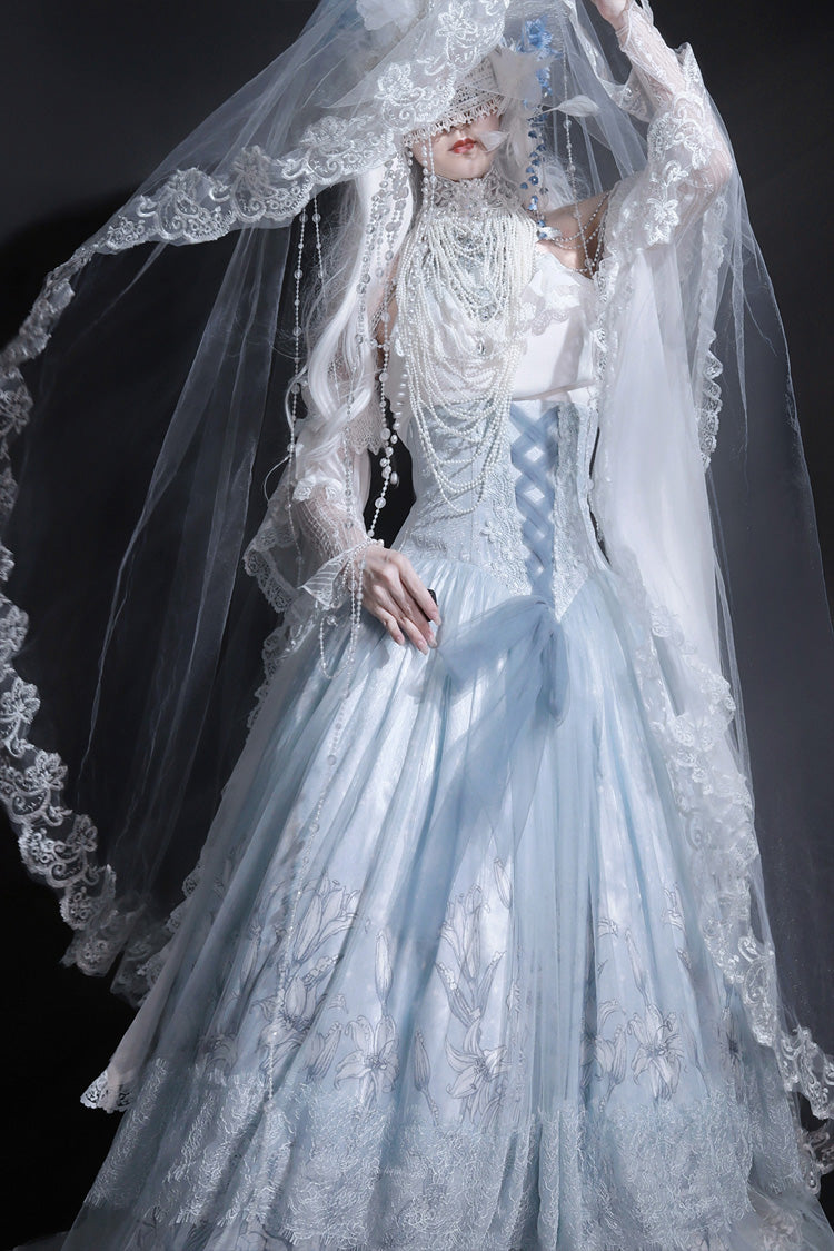 Blue [Snow Lily] Print Ruffle Hanayome Embroidery Bowknot Lace-Up Sweet Elegant Princess Lolita Skirt Set