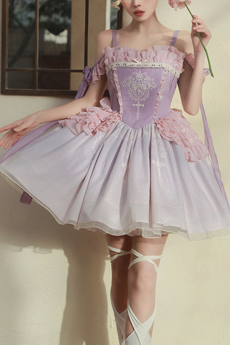 Purple Midsummer Dream Elegant Embroidered Print Chinese Style Ballet Boat Neck Sweet Qi Lolita Dress