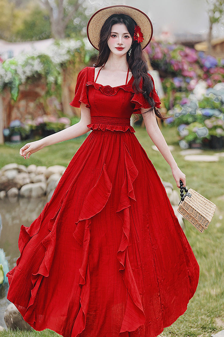 Ensemble jupe longue gothique Vintage Lolita, col carré rouge, manches courtes, taille haute, à volants