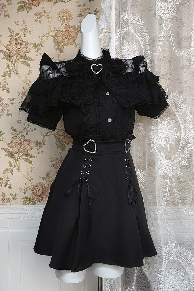 Black Ruffle Bowknot Lace Gothic Jirai Kei Japanese Skirt Set