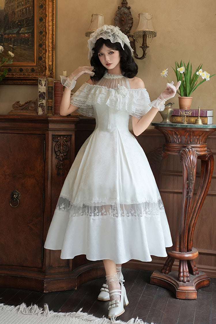 White [Flowers in the Mist] Off Shoulder Halterneck Print Ruffle Gothic Elegant Lolita Dress