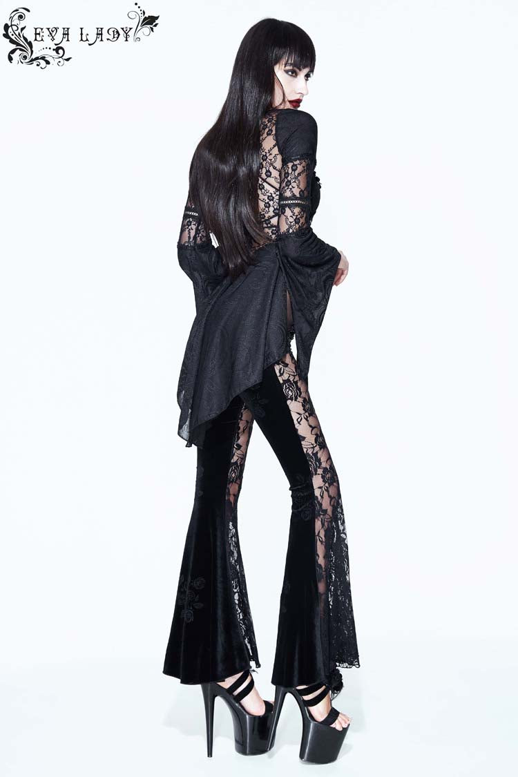 Black Perspective Mesh-yarn Long-sleeve Lace Front Short And Back Long Women's Gothic Blouse