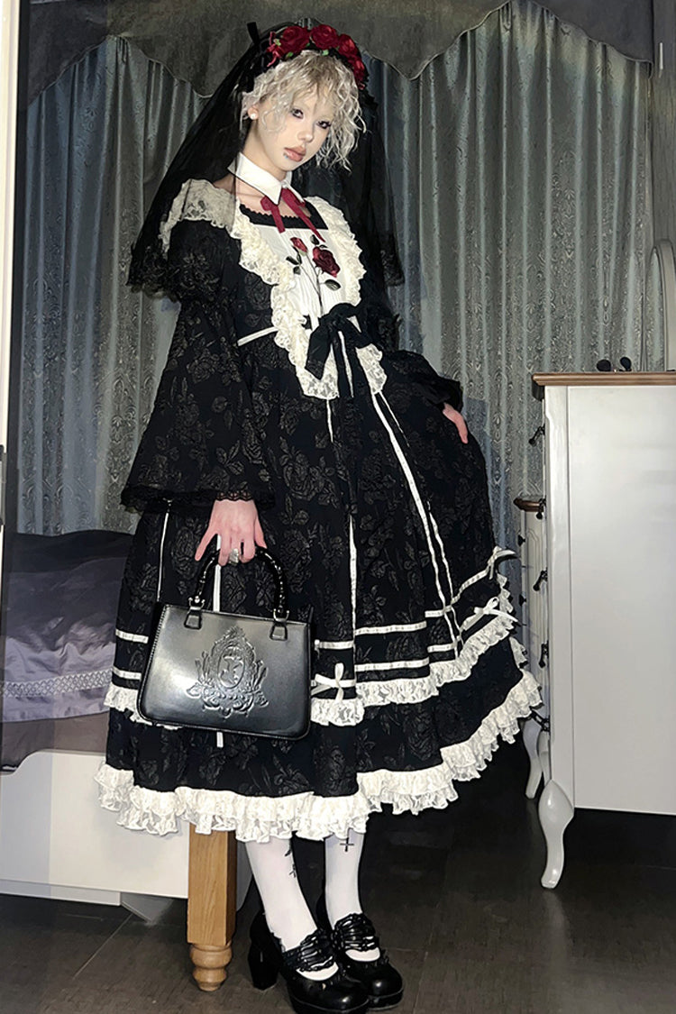Black [Rose Choir] Double-Layered Ruffle Embroidery Bowknot Lace Gothic Elegant Nun Lolita Dress
