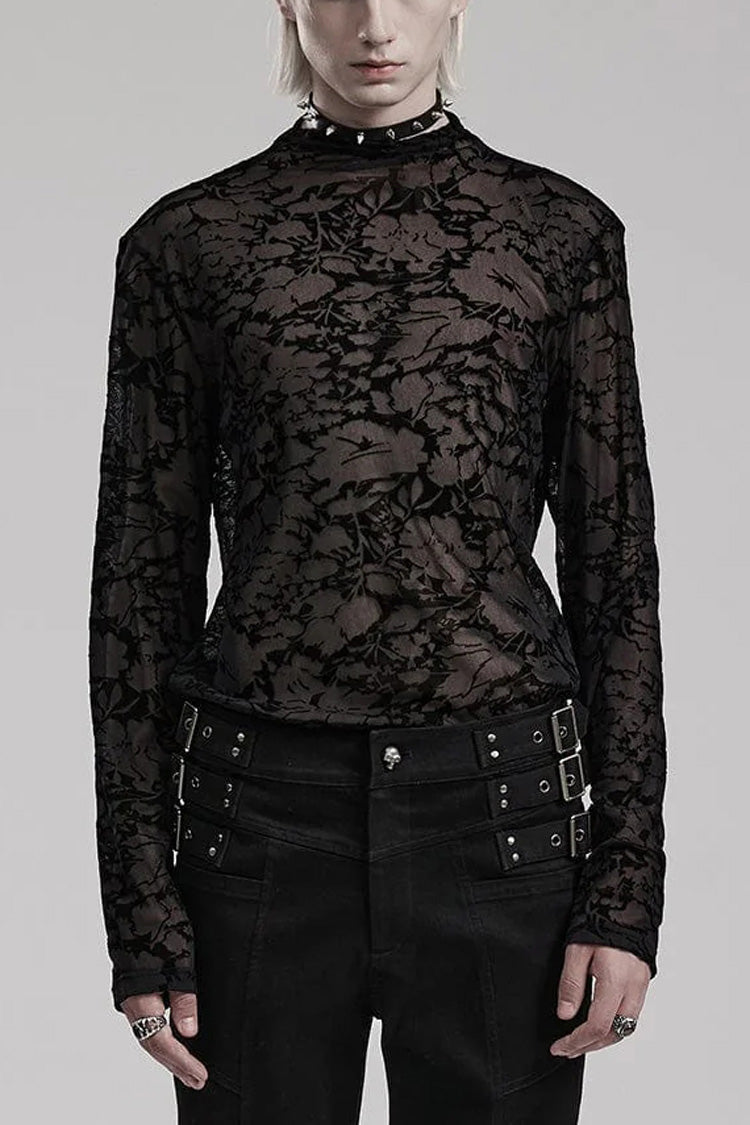 Black Long Sleeves Print Sheer Mesh Mens Gothic T-Shirt