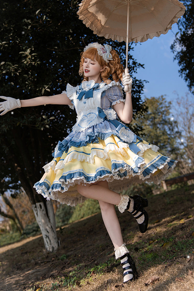 Blue/Yellow Short Sleeves Triple-Layered Ruffle Bowknot Lace Sweet Japanese Lolita Dress