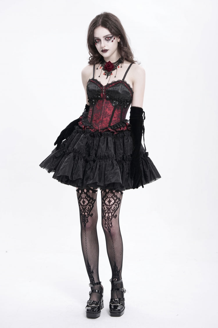 Rotes ärmelloses Rüschenstickerei-Schnürung Damen Gothic Tank Top 