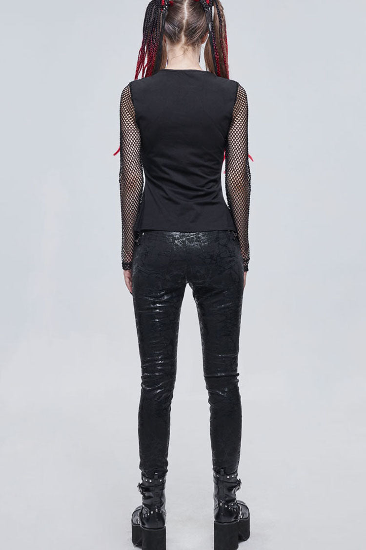 Black Punk Knitted Cotton Stitching Mesh Yarn Deep V Basic Style Metal Pentagram Decoration Women's T-Shirt