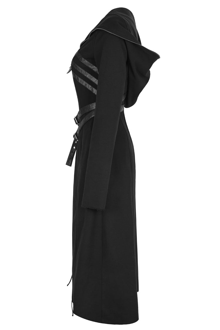 Black Long Sleeves Hooded Asymmetric Women's Gothic Military Coat With Belt