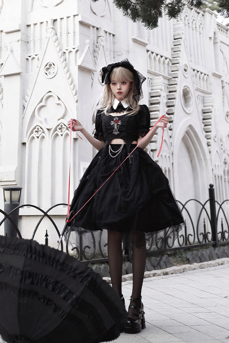 Black Rose Embroidered Cutout Top Irregular Short Sleeves Gothic Lolita Dress Set