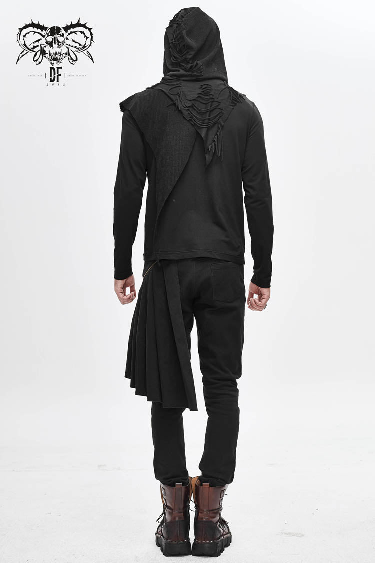 Black Long Sleeves Asymmetric Tatters Strip Leather Metal Loop Hooded Men's Punk T-Shirt