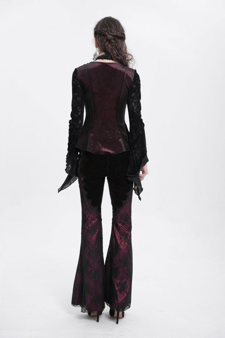 Red Long Trumpet Sleeves Jacquard Cutout Women's Gothic Blouse