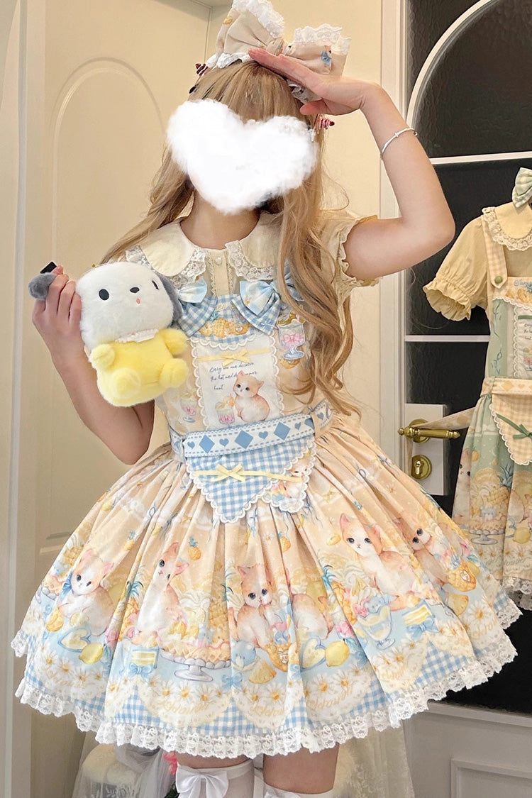 Yellow [Pineapple Cat] Print Sleeveless Bowknot Lace Sweet Lolita Strap Dress
