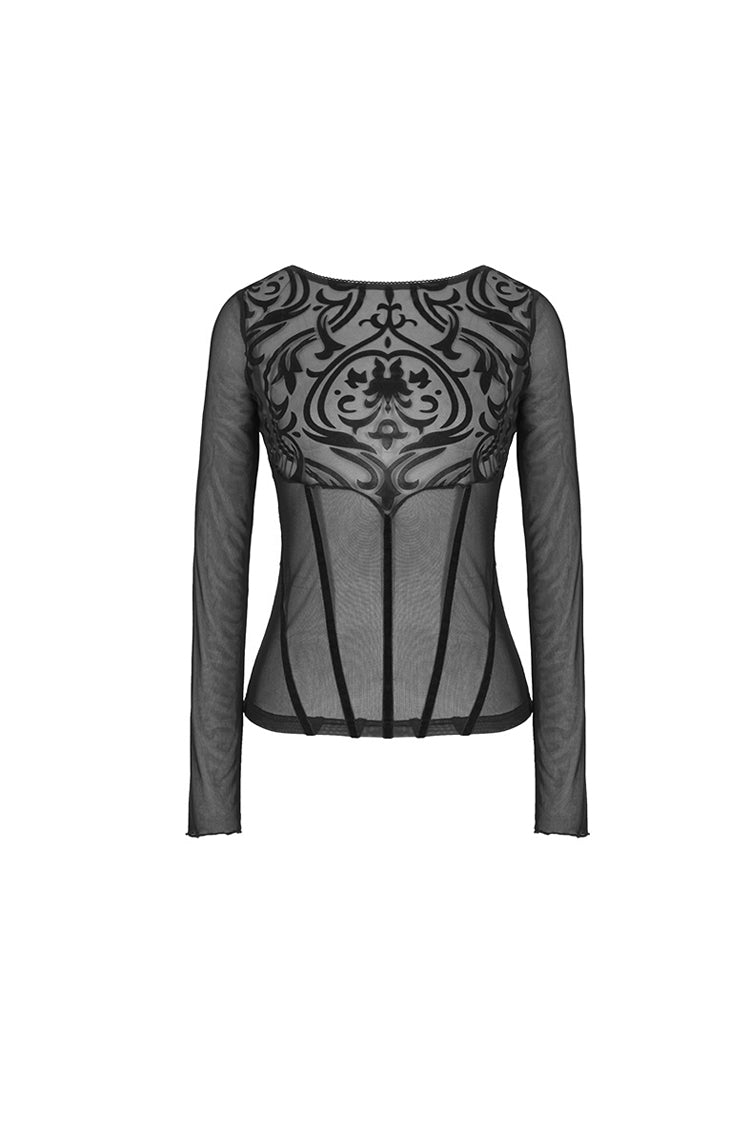 Black Flower Pattern False Girdle Mesh Long Sleeve Women's Gothic T-Shirt
