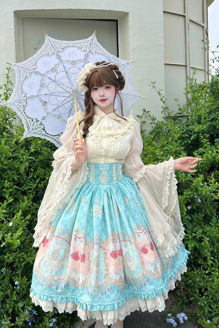 Blue [Moonlit Garden Secret] Print Ruffle Embroidery Lace Sweet Elegant Palace Lolita Skirt