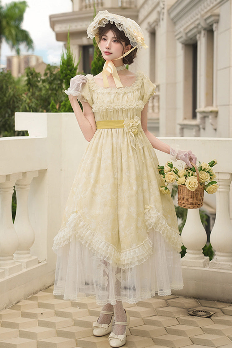 Yellow [Falling Flowers as a Message] Square Collar Short Sleeves Print Ruffle Lace Sweet Elegant Lolita Long Dress