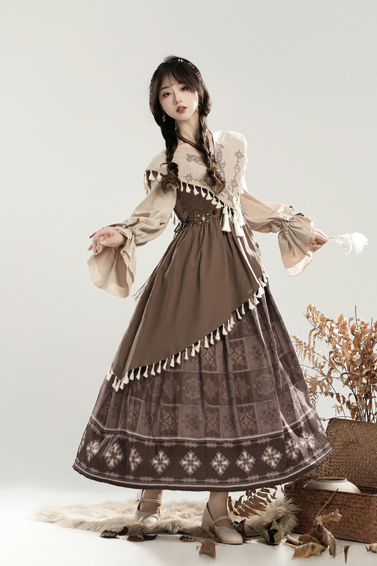 Brown [Mysterious Tribe] Long Lantern Sleeves Print Ruffle Asymmetric Sweet Chinese Style Lolita Dress
