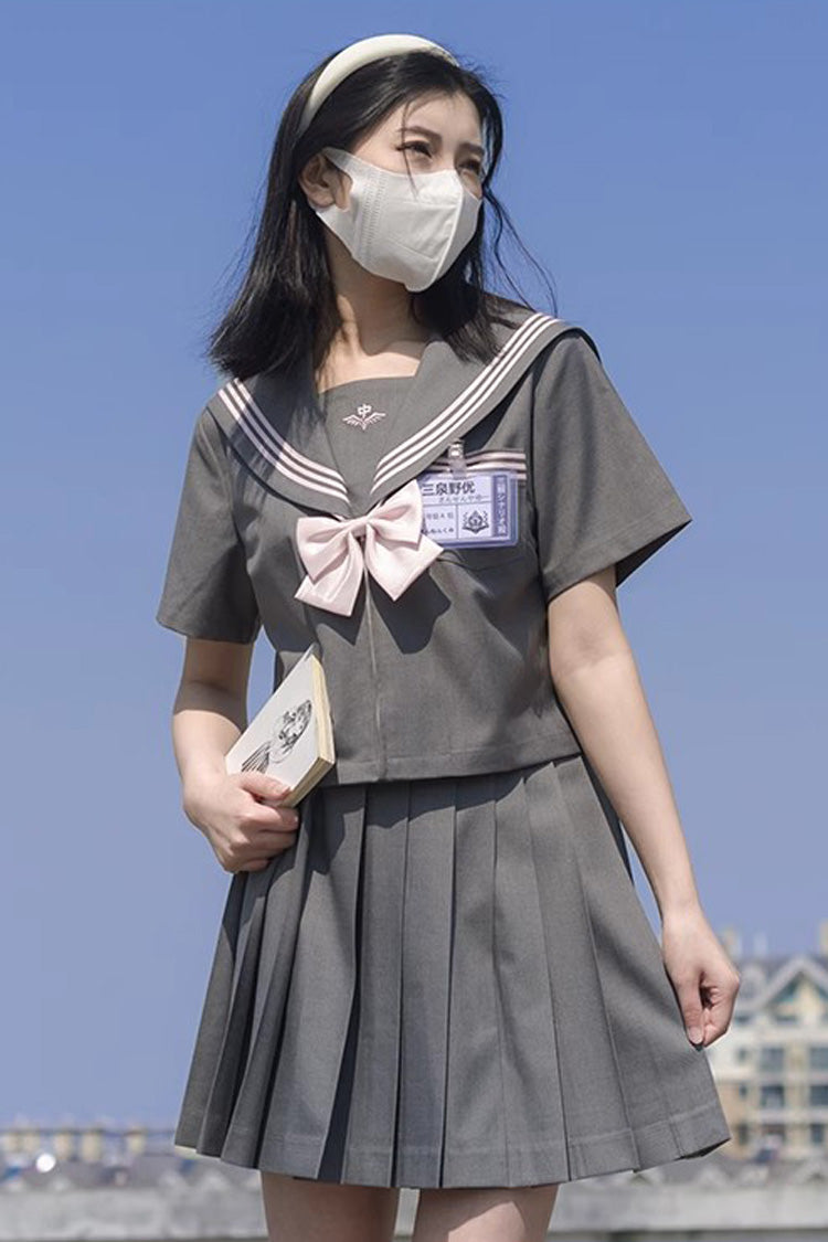 Grey Sweet College Style Navy Collar Japanese School Pleated Skirt