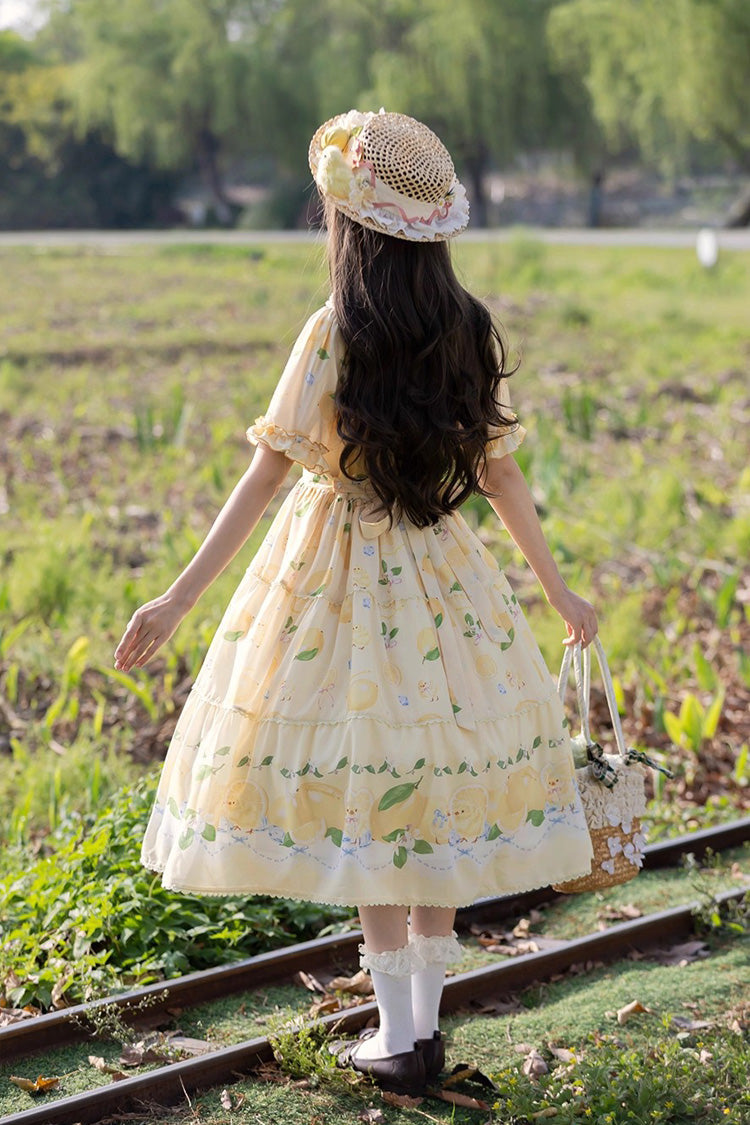 Yellow [Lemon Chicken] Short Sleeves Print Ruffle Bowknot Lace Daily Sweet Lolita Dress