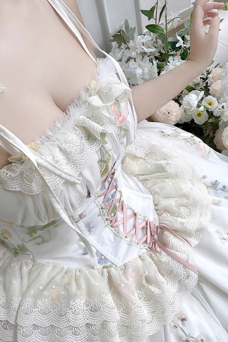 Off White Spring Bouquets Romantic Ruffle Embroidery Bowknot Mesh Sweet Lolita Jsk Dress