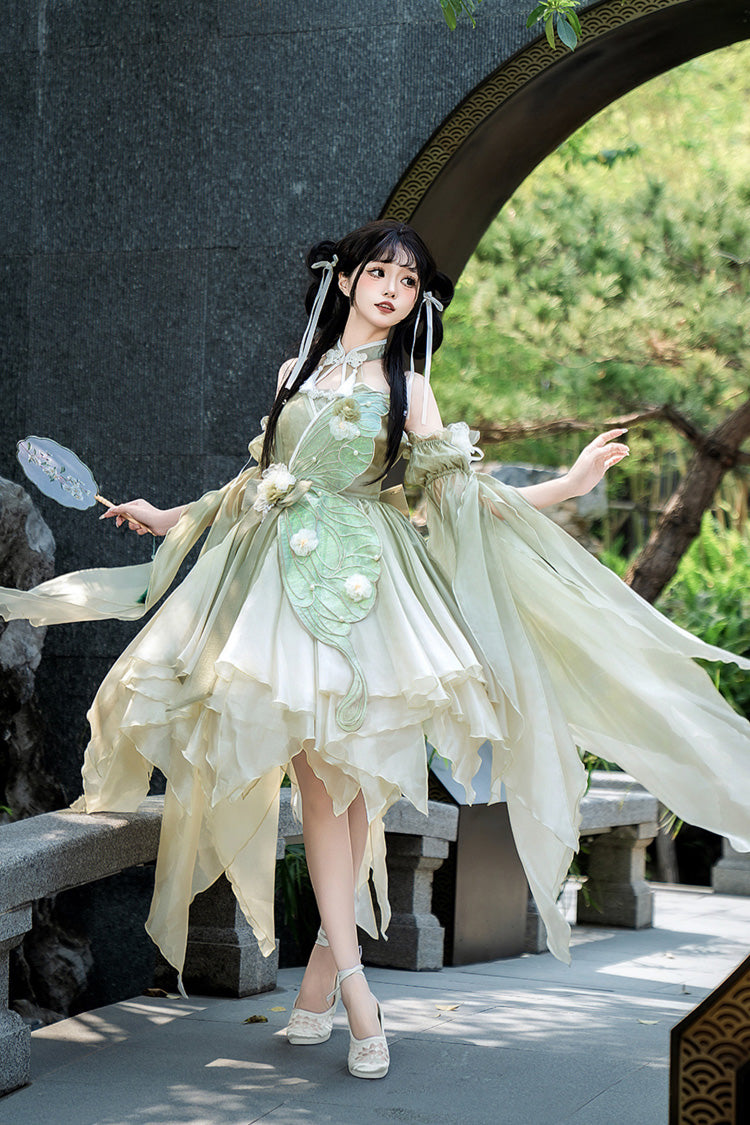 Grünes Neckholder ärmelloses Schleifenknoten Spitzen unregelmäßiges süßes chinesisches Lolita Jsk Kleid 