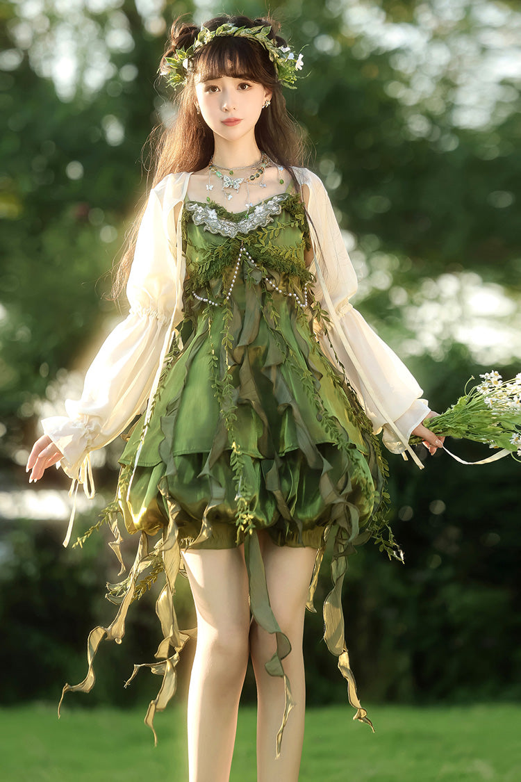 Green [Children of the Forest] Leaf Decoration Ruffle Irregular Sweet Lolita Jsk Dress Set
