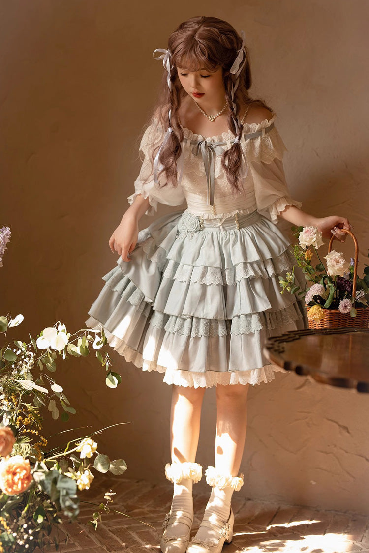 White/Blue Flower Language Multi-layer Ruffle Sweet Lolita Skirt Set