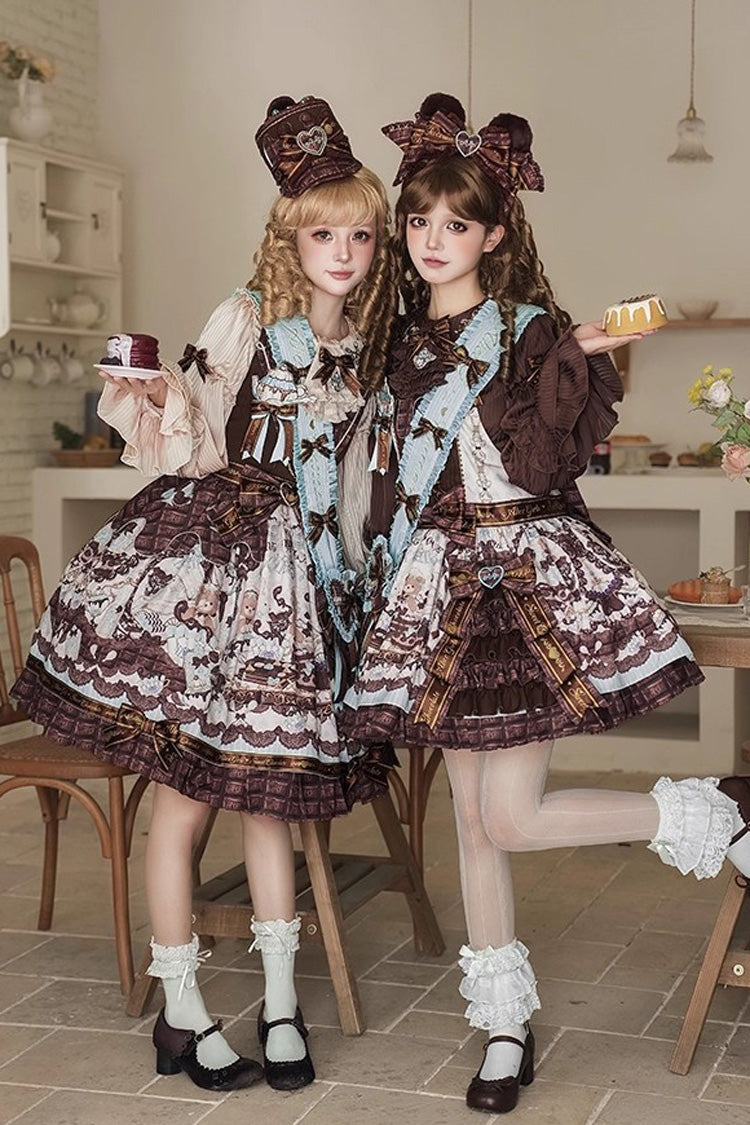 Brown [Teddy Bear Chocolate] Sleeveless Print Ruffle Bowknot Sweet Lolita Jsk Dress