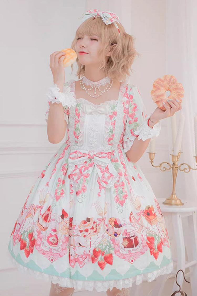 [Strawberry Feast] Short Sleeves Printed Ruffled Bow Sweet Lolita Dress 4 Colors