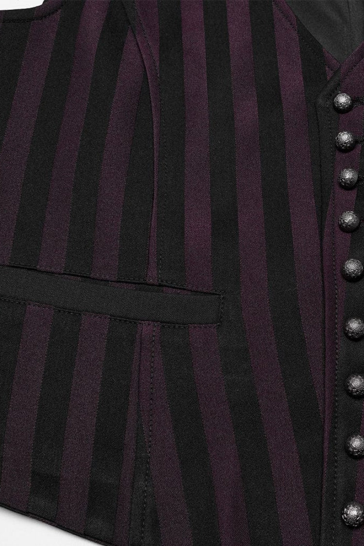 Black/Red V Collar Sleeveless Striped Print Buckle Men's Punk Vest