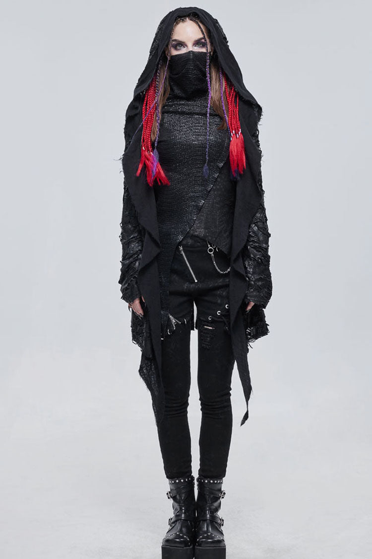 Black Punk Diablo Hole Design Cross Shape Stitching Transparent Mesh Metal Decoration Knitted Women's Coat