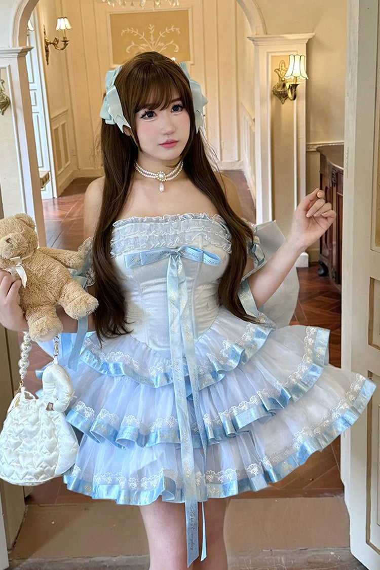 Blaues [Prinzessin-Band] schulterfreies, dreilagiges süßes Lolita-Kleid mit Rüschen und Schleife