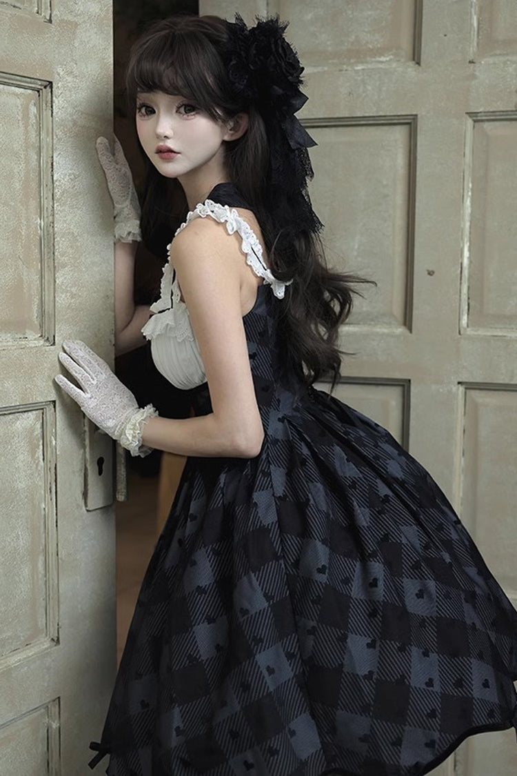 Black [Swan] Short Sleeves Plaid Print Sweet Elegant Princess Lolita Dress Short Version