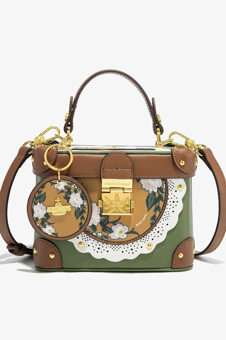 Green Women's Retro Floral Print Box Handbag Top Handle Crossbody Shoulder Bag