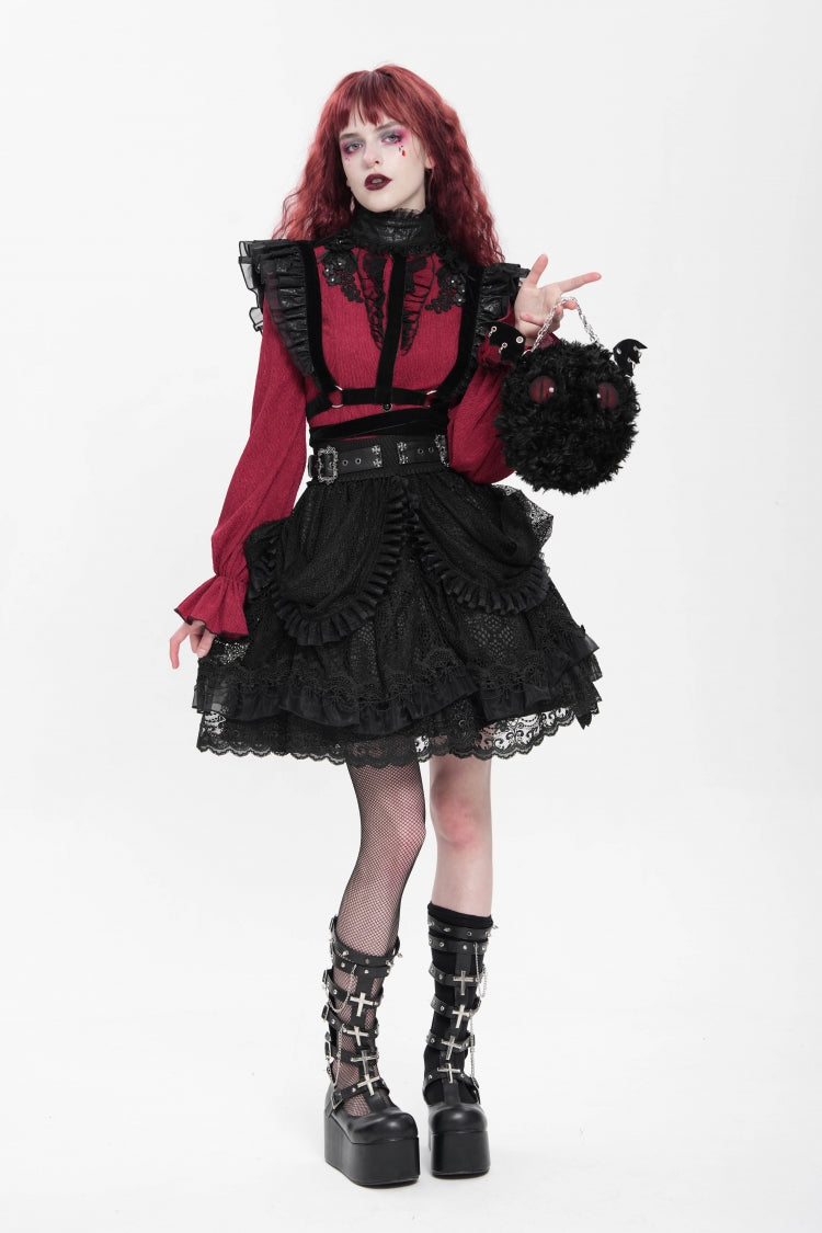 Black Multi-Layered Ruffle Buckle Straps Women's Gothic Skirt