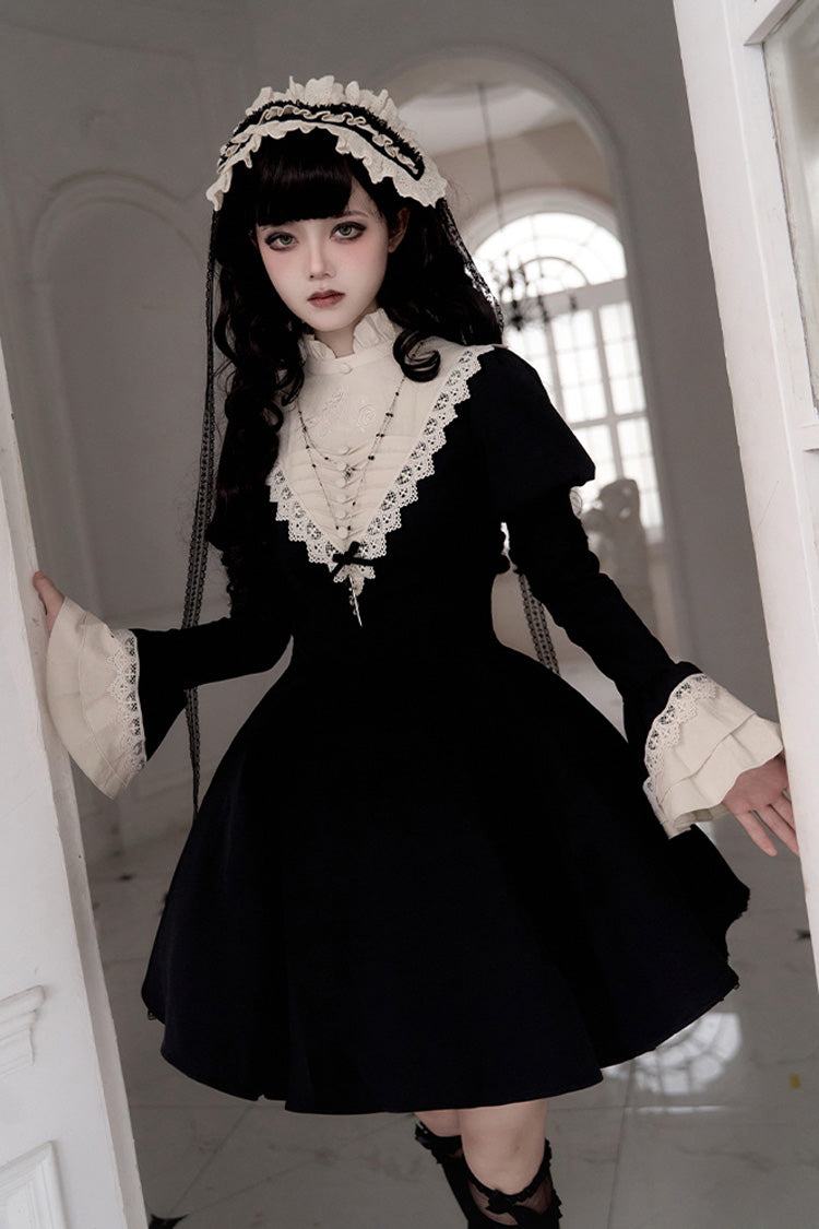 Black [Letters and Poems·Nocturne] Nun Long Sleeves Ruffle Gothic Lolita Short Dress