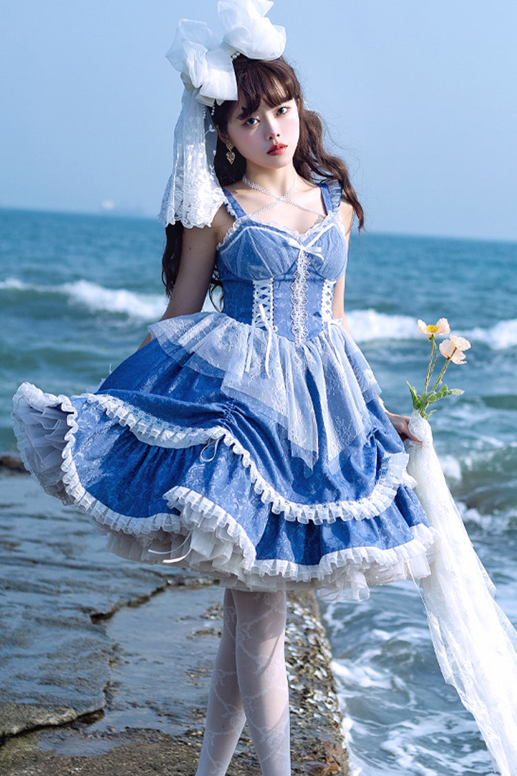Blue Landing Drawstring Pull Up Hem Elegant Sweet Lolita Dress