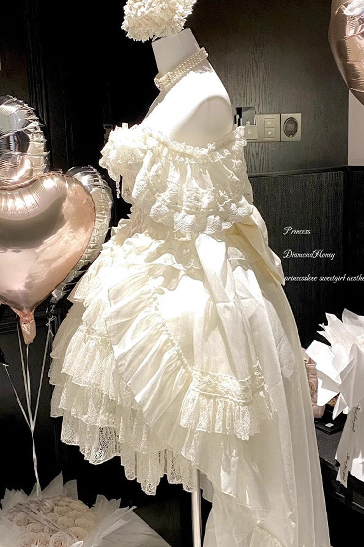 Princess Off Shoulder Multi-Layered Ruffle Bowknot Lace Sweet Elegant Lolita Strapless Dress