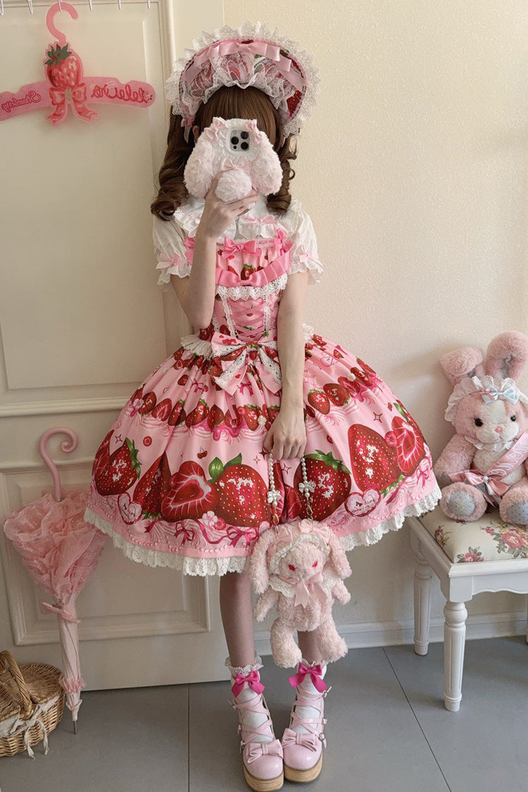 [Süße Beeren Geschichte] Erdbeerprint Rüschen Schleife Spitze Süßes Lolita Jsk Kleid 4 Farben 