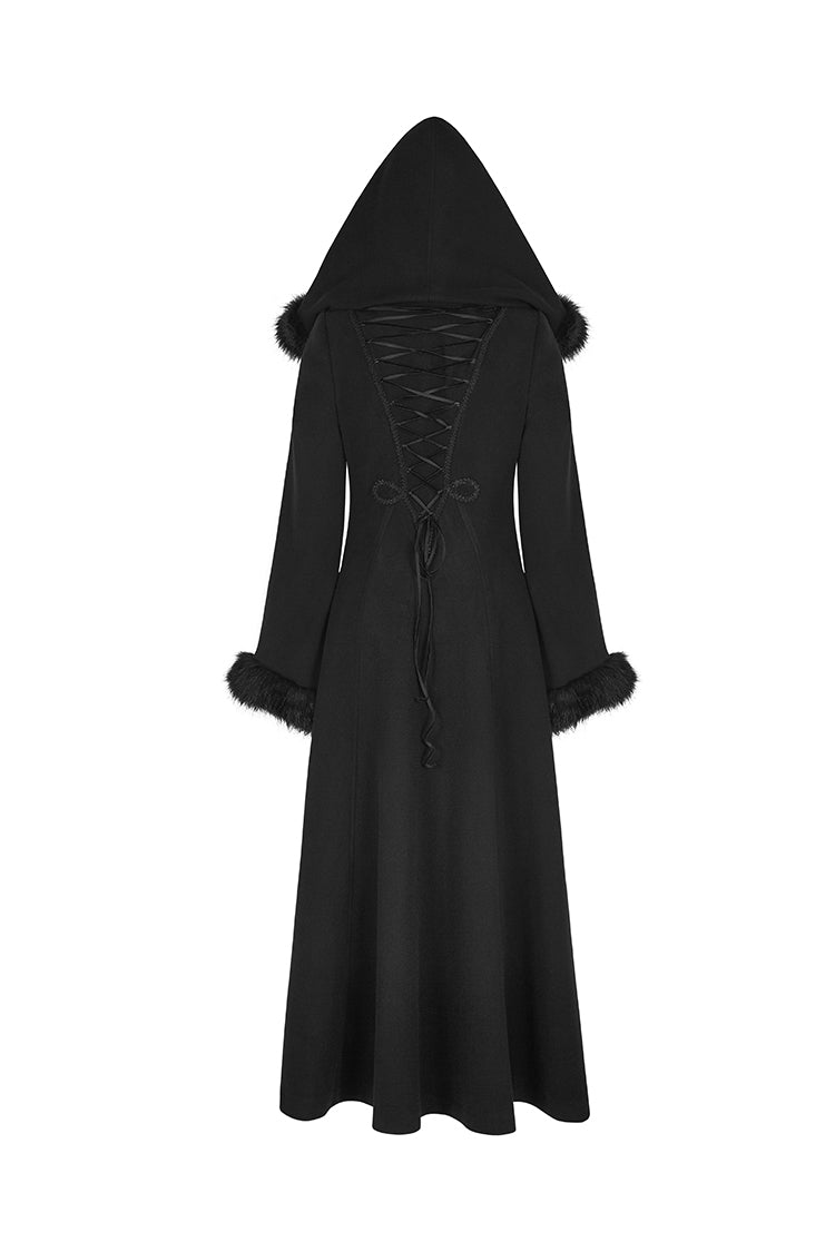 Black Hooded Print Womens Single-Breasted Long Maxi Gothic Coat