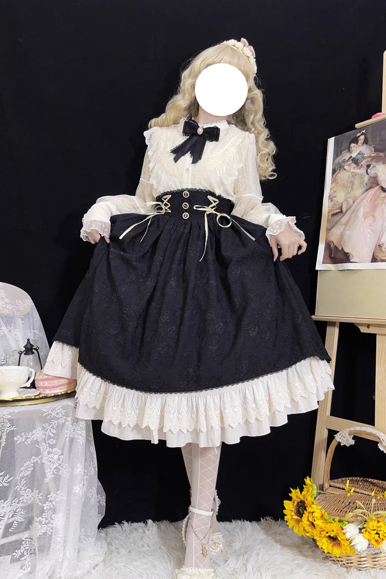 Black [Heart of Rose] High Waisted Ruffle Embroidery Lace-Up Sweet Vintage Elegant Palace Lolita Skirt