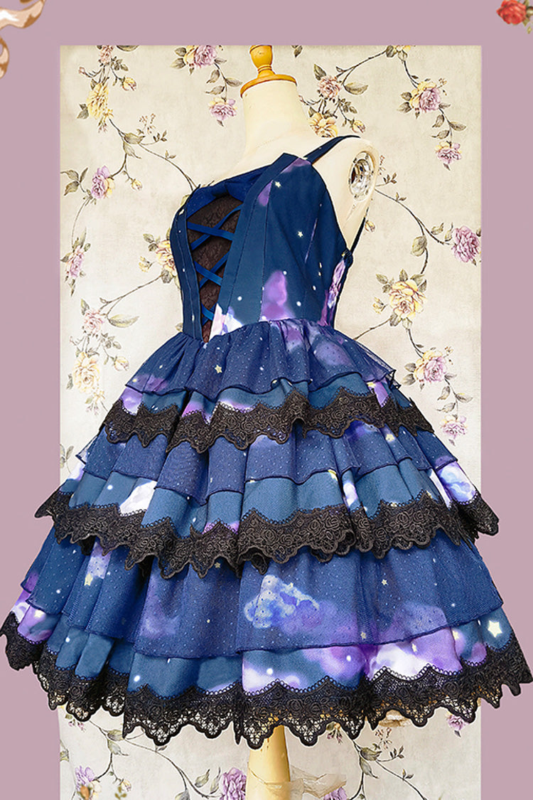 Blue Triple-Layered Clouds Print Ruffle Stitching Lace Sweet Lolita Dress