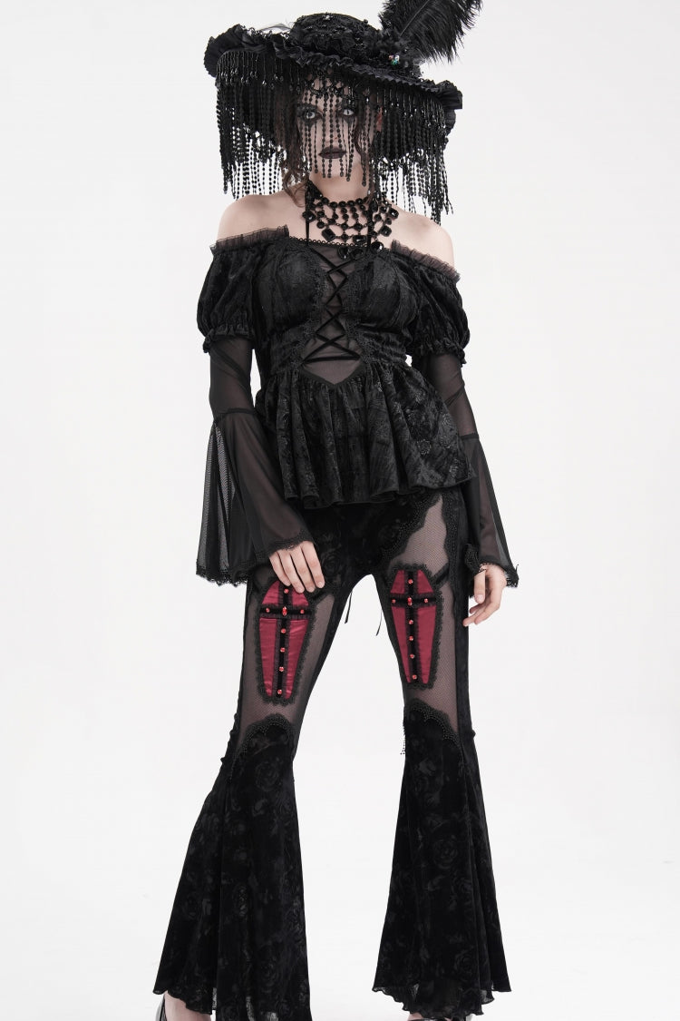 Black Halterneck Long Sleeves Hollow Lace-Up Mesh Women's Gothic Blouse