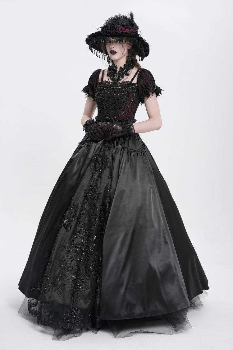 Robe gothique pour femme en dentelle avec cardigan jacquard à manches courtes et épaules dénudées noire 