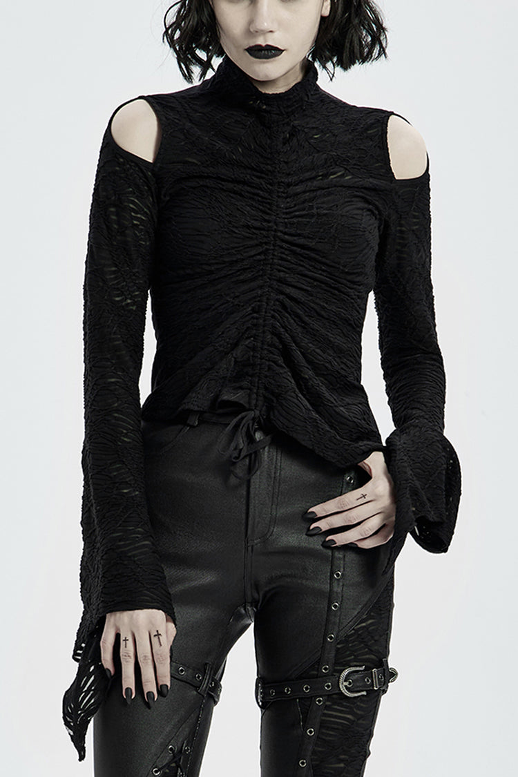 Schwarzes Gothic-T-Shirt für Damen mit hohem Kragen, langen Trompetenärmeln und ausgehöhlter Schnürung