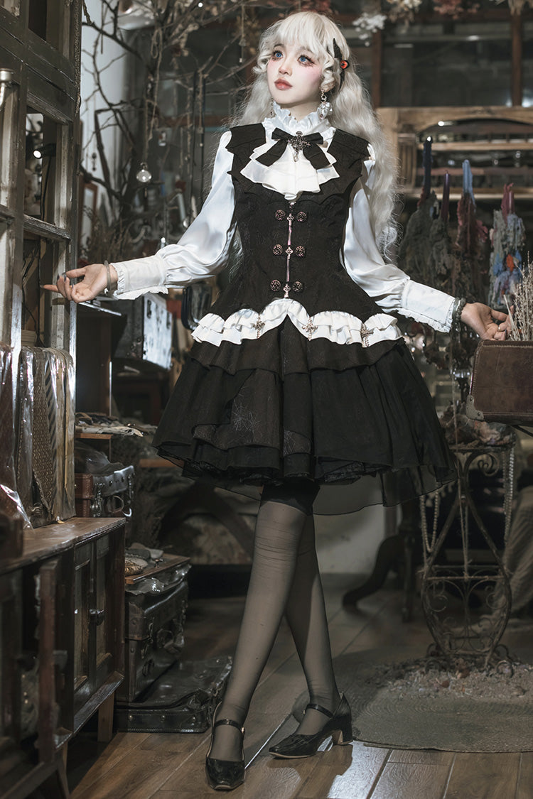 Black/White [The Duke of Blood] Multi-Layered Ruffle Bowknot Gothic Lolita Vest Skirt Set
