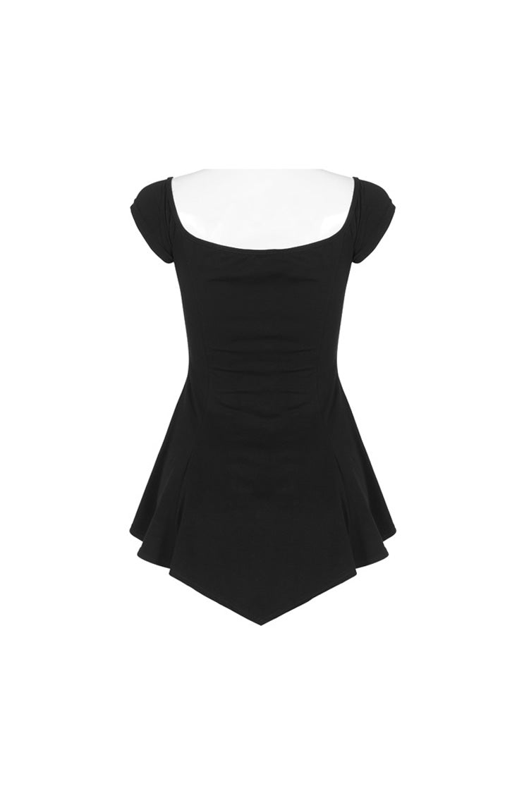 Schwarzes kurzärmliges, orizontales Halsteil, vordere Brustpartie, Spitzenstickerei, Rüschensaum, Gothic-T-Shirt für Damen