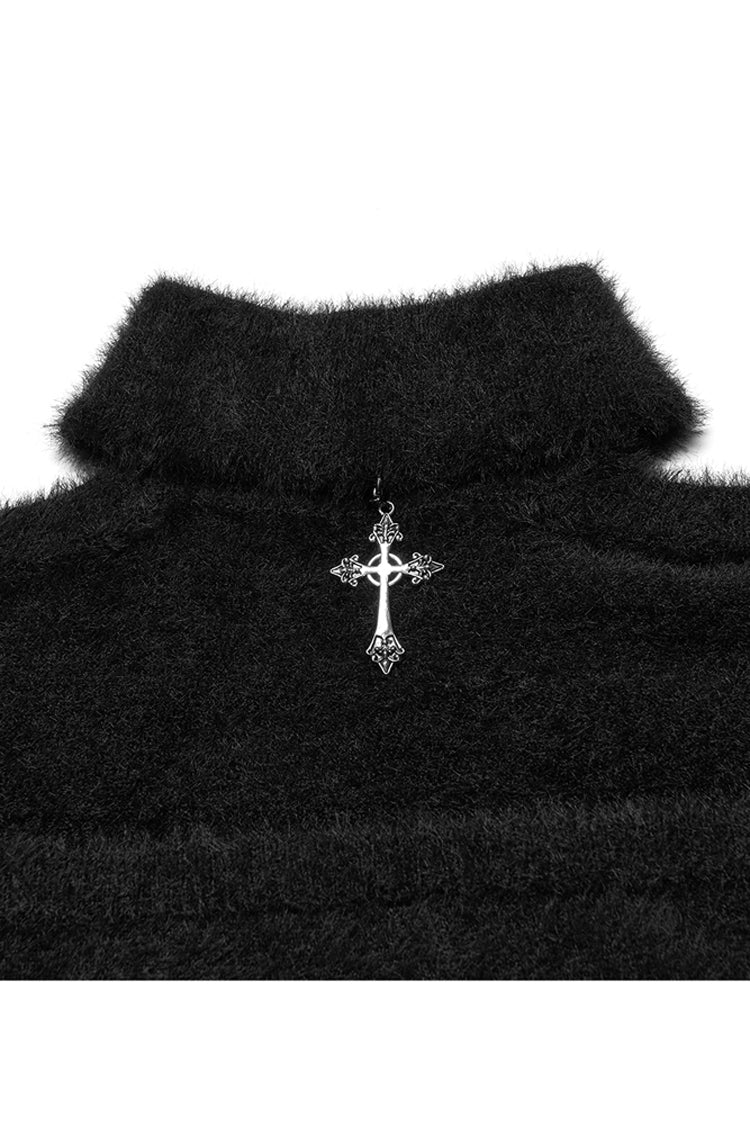 Schwarzes, eng gestricktes, langärmliges Punk-Oberteil für Damen mit hohlgeschnitztem Design und Metallkreuzdekoration