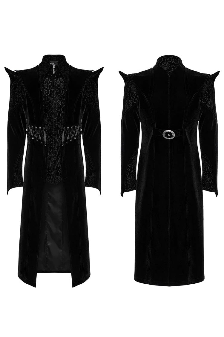 Black Stand Collar Jacquard Print Waist Cord Decoration Mens Gothic Mid Length Coat