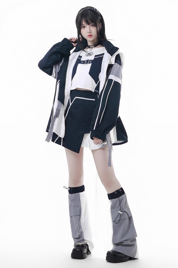 Blue/White [Message Overload] Techwear Long Sleeves Embroidered Asymmetric Jirai Kei Coat Skirt Set